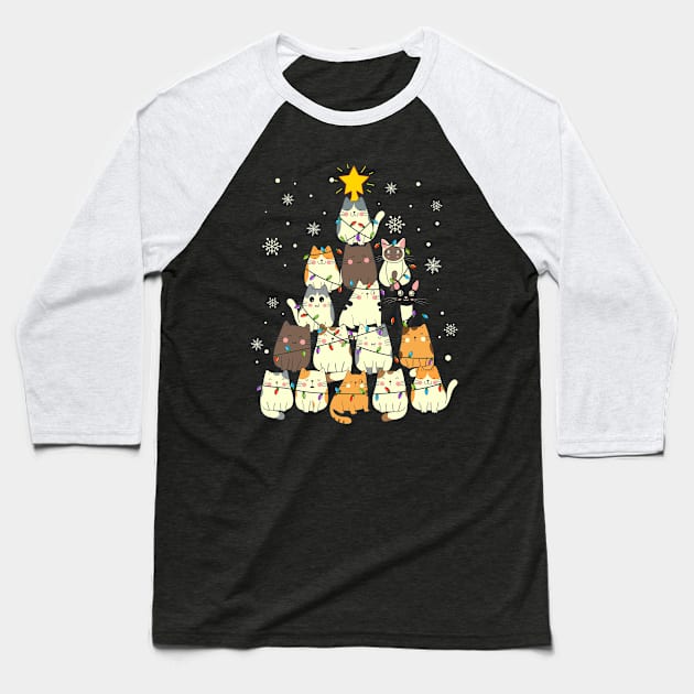 Funny Cats Christmas Tree Baseball T-Shirt by divinoro trendy boutique